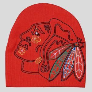 CHICAGO BLACKHAWKS CUFFLESS KNIT BEANIE HAT STOCKING SKI CAP LARGER SIZE LOGO